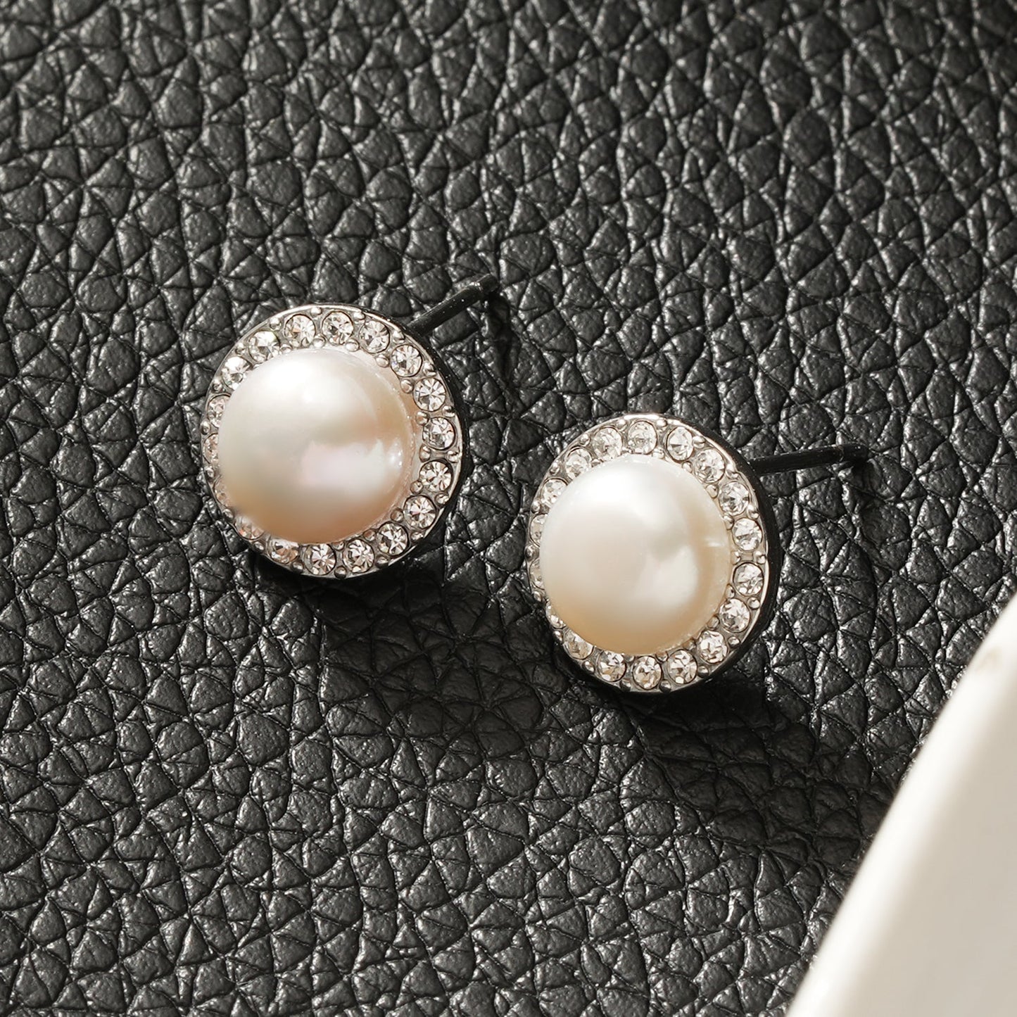 CADDA Silver (White Gold): Mini Stud Earrings with Freshwater Pearl & Pavé Zirconia Border