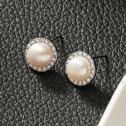 CADDA Silver (White Gold): Mini Stud Earrings with Freshwater Pearl & Pavé Zirconia Border