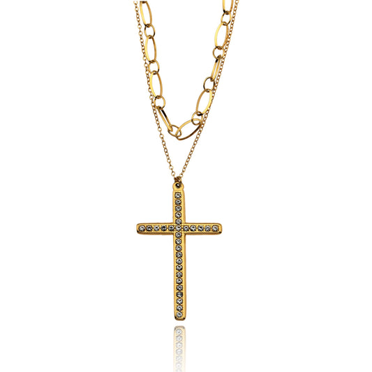 CAMILA: Double Layered Chain Necklace with a Zirconia Embedded Classic Cross Pandent