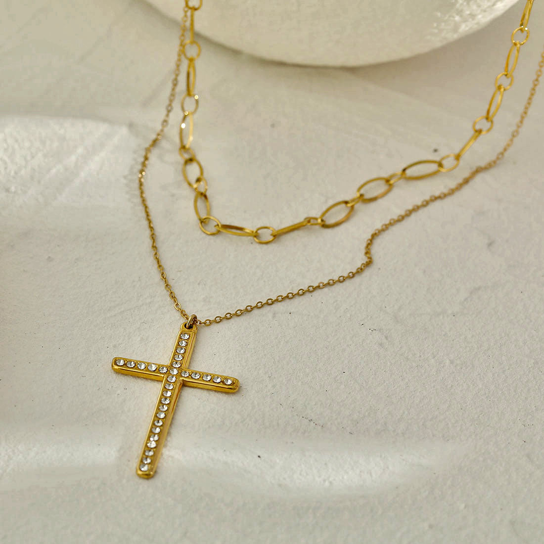 CAMILA: Double Layered Chain Necklace with a Zirconia Embedded Classic Cross Pandent