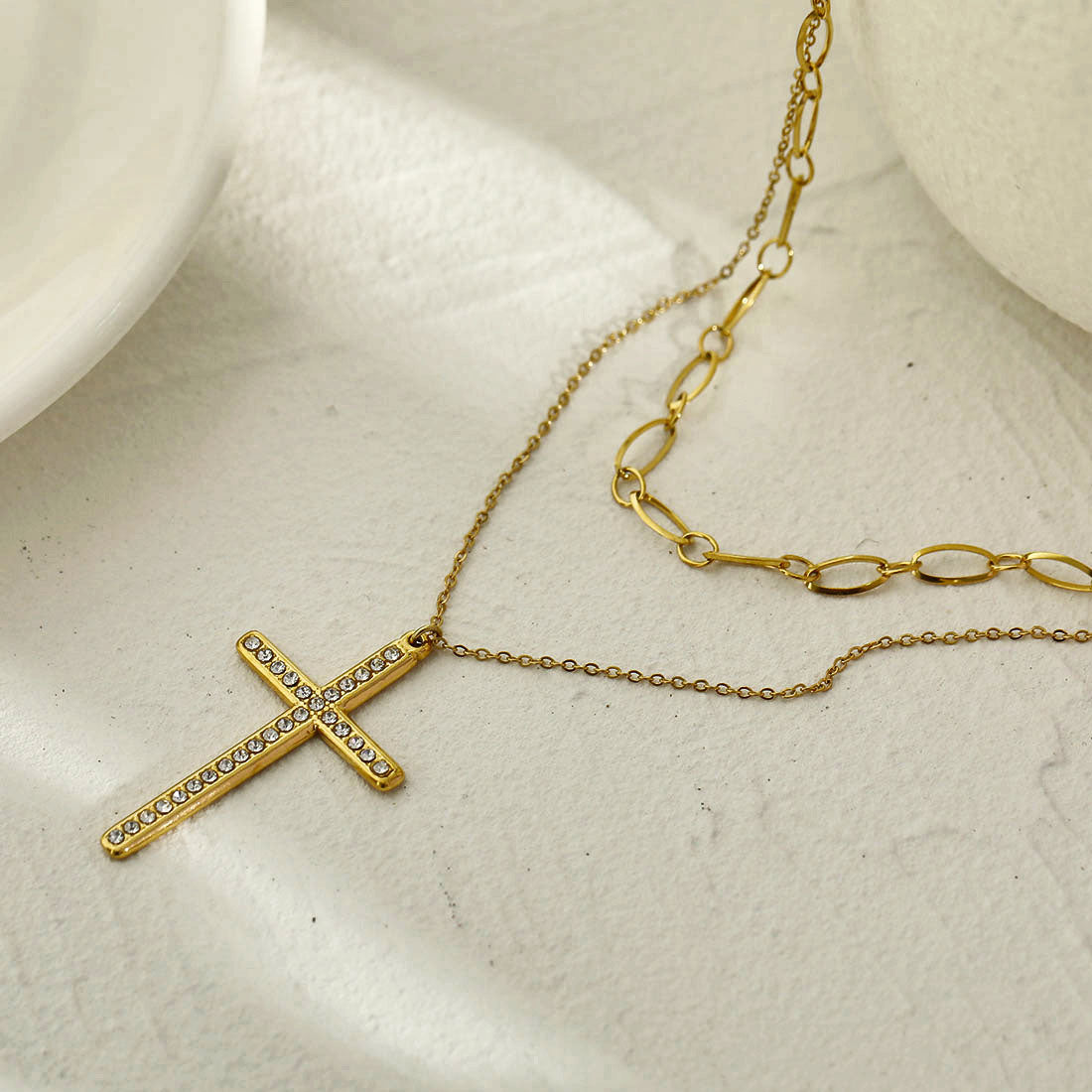 CAMILA: Double Layered Chain Necklace with a Zirconia Embedded Classic Cross Pandent