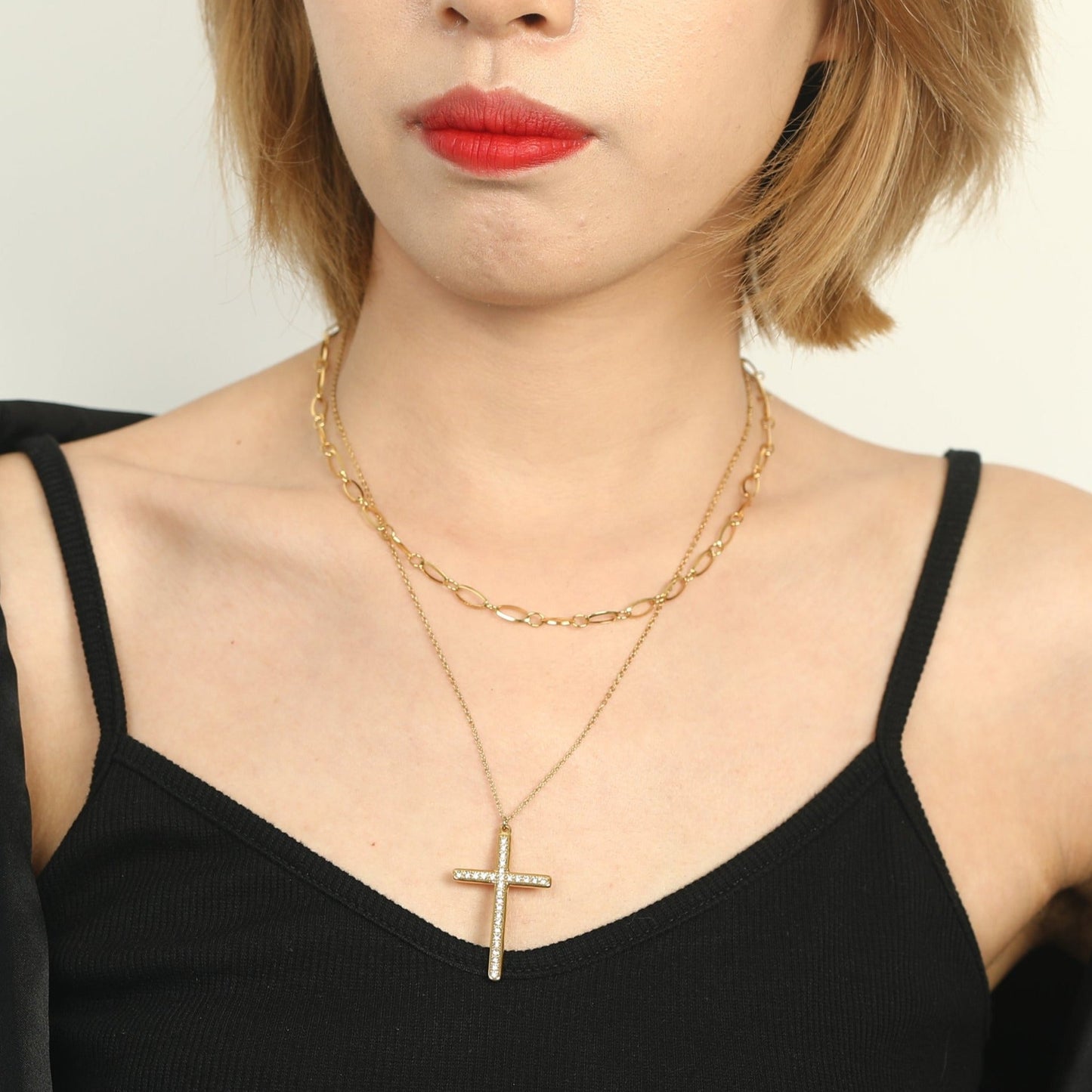 CAMILA: Double Layered Chain Necklace with a Zirconia Embedded Classic Cross Pandent