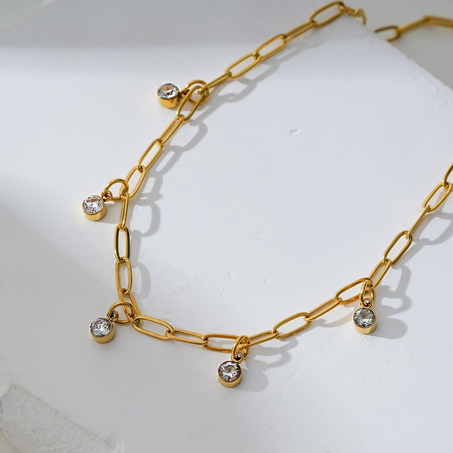 CANARI: Mini Paper-Clip Chain Anklet with Satellite Zirconia Charms