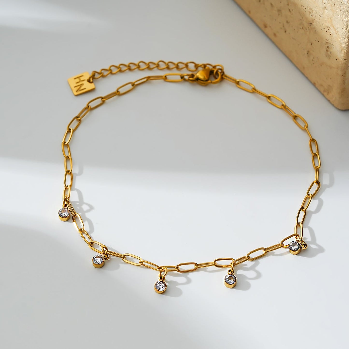 CANARI: Mini Paper-Clip Chain Anklet with Satellite Zirconia Charms