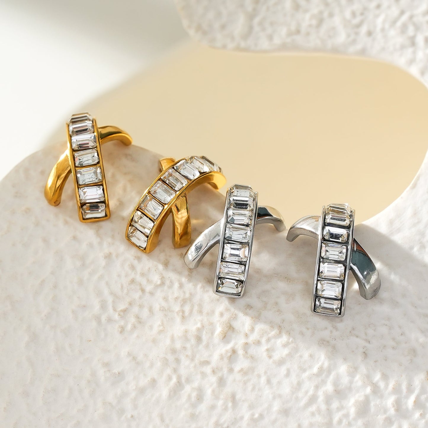 CARBIS: Retro Style Crossover Zirconia Embedded Earrings in Gold