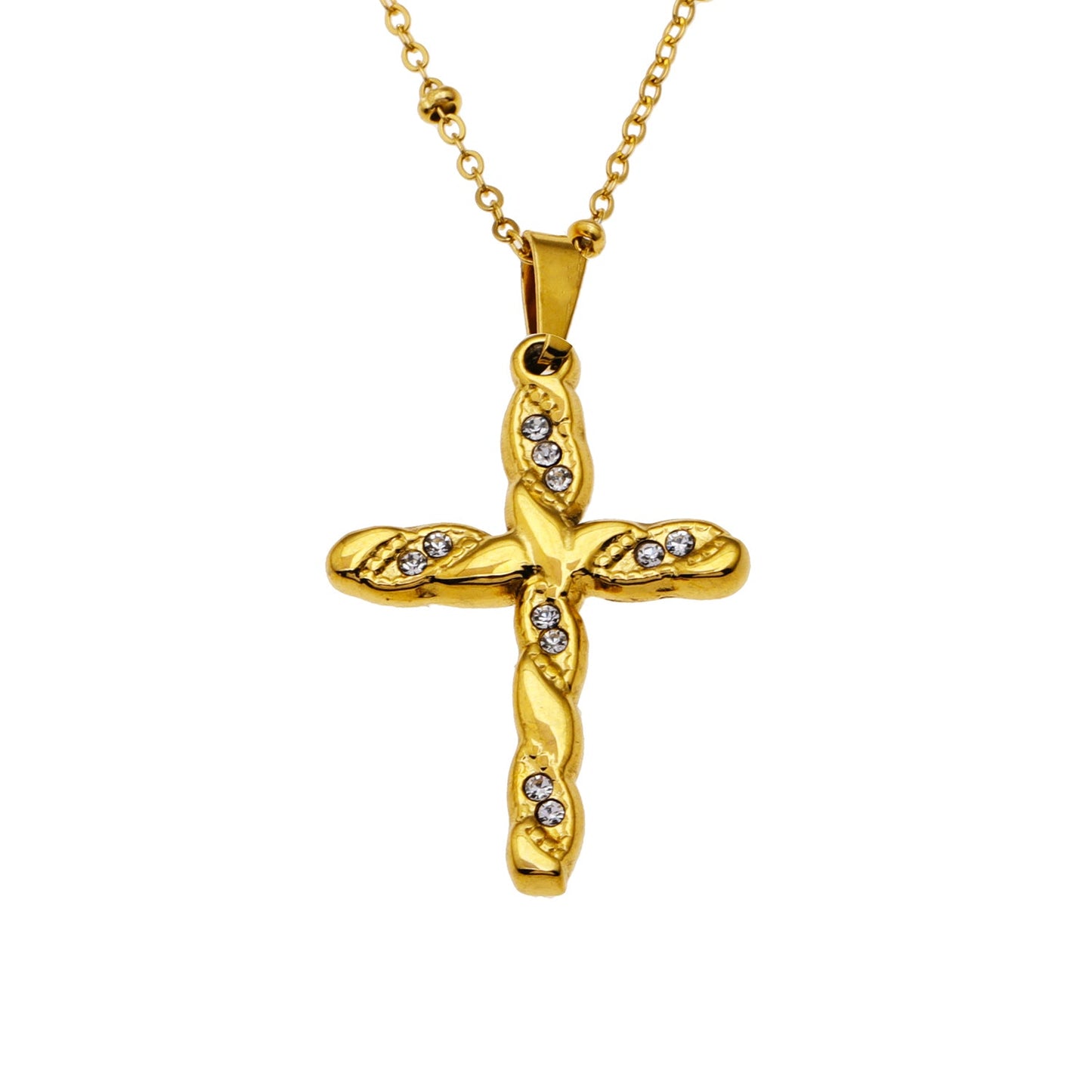 CHAMONIX Gold: Dainty Beaded Chain Necklace with a Zirconia Embedded Textured Cross Pandent
