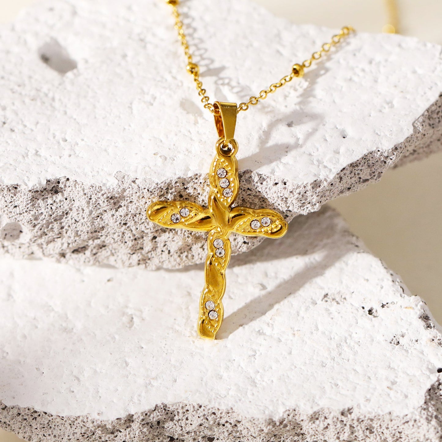 CHAMONIX Gold: Dainty Beaded Chain Necklace with a Zirconia Embedded Textured Cross Pandent
