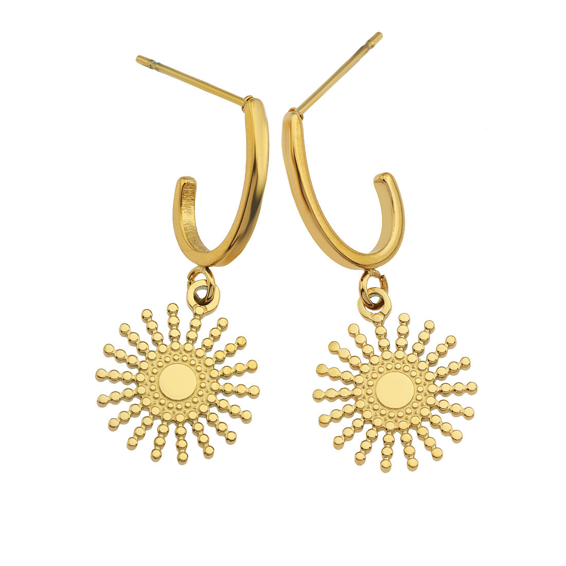 CHARLIE Gold: Semi Hoops with a Sun Symbol Charm