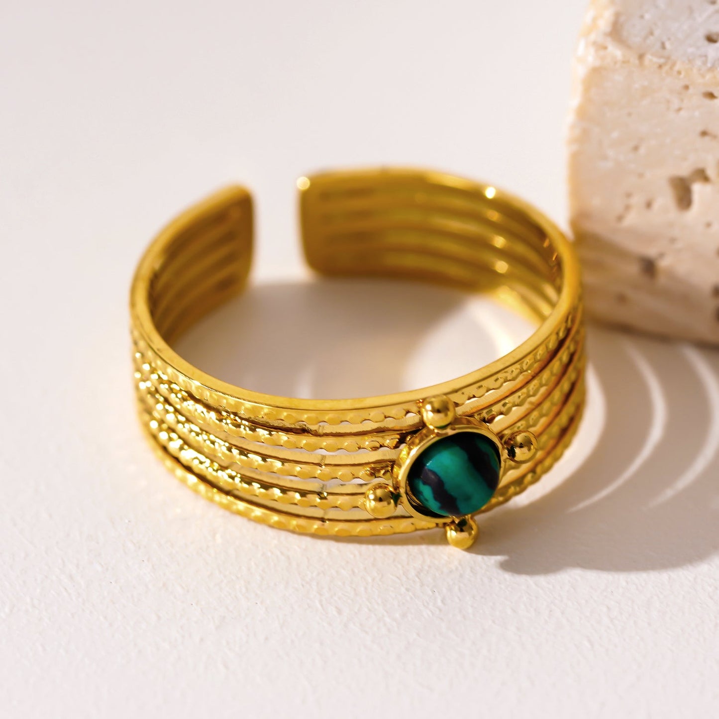 CHARMA: 5-Layer Circle Embossed Ring with a Malachite Stone Centre Piece