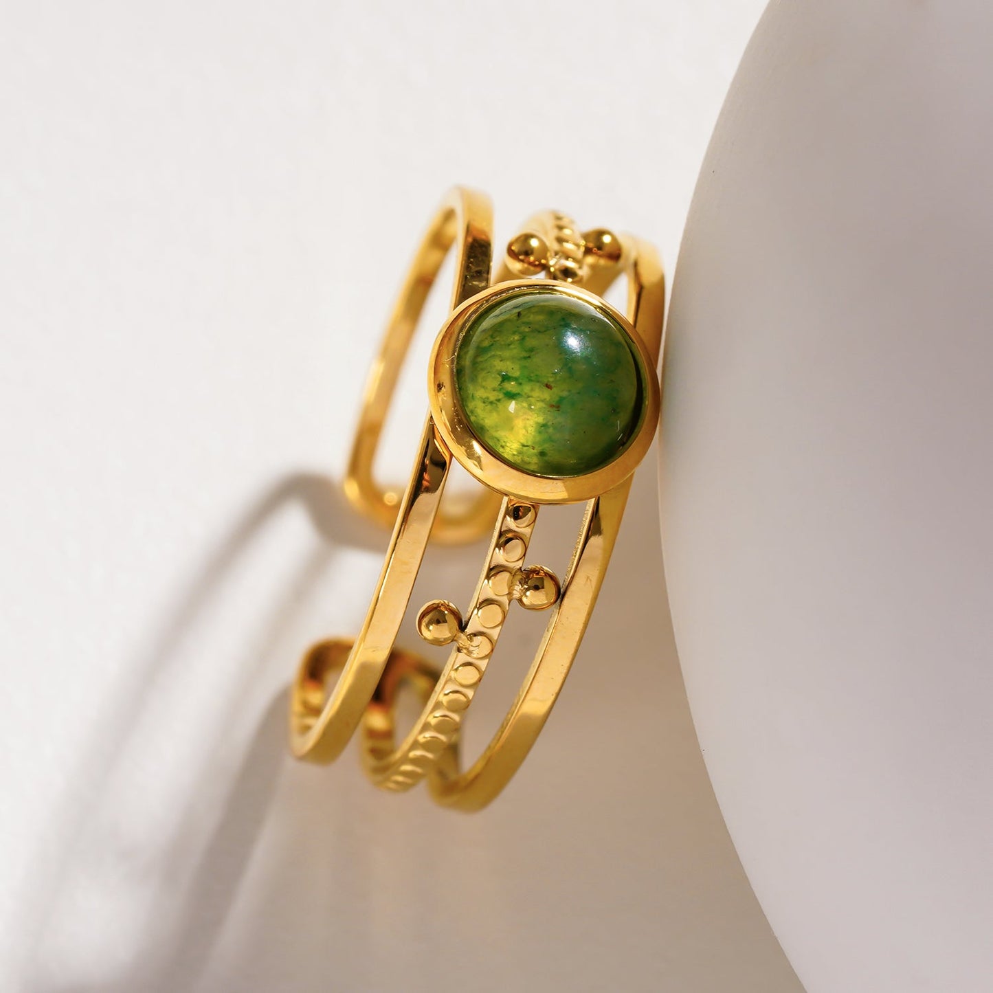 CHESILDA: 3-Layer Ring with Ball Beads Adornments and a Natural Stone Centre Piece