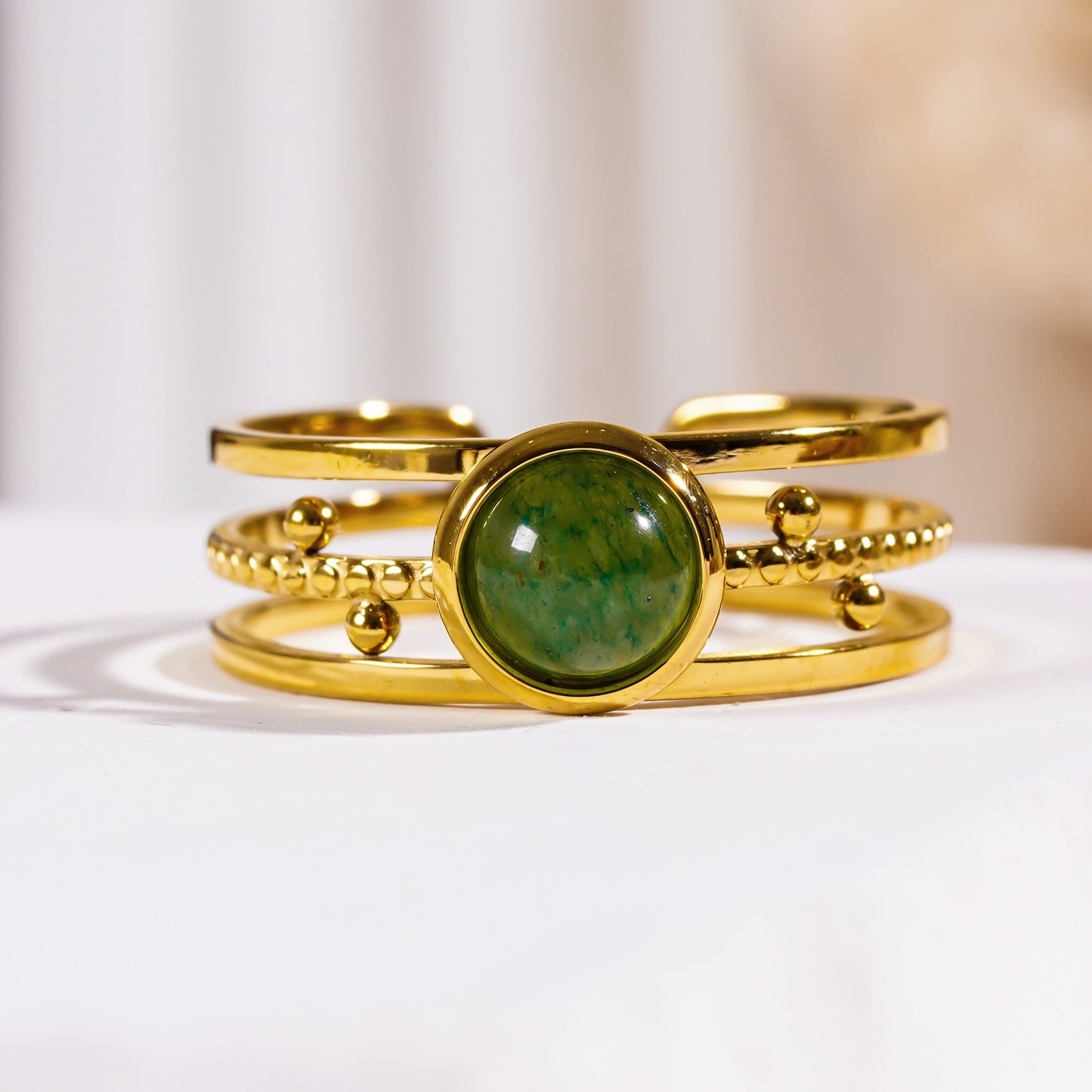 CHESILDA: 3-Layer Ring with Ball Beads Adornments and a Natural Stone Centre Piece