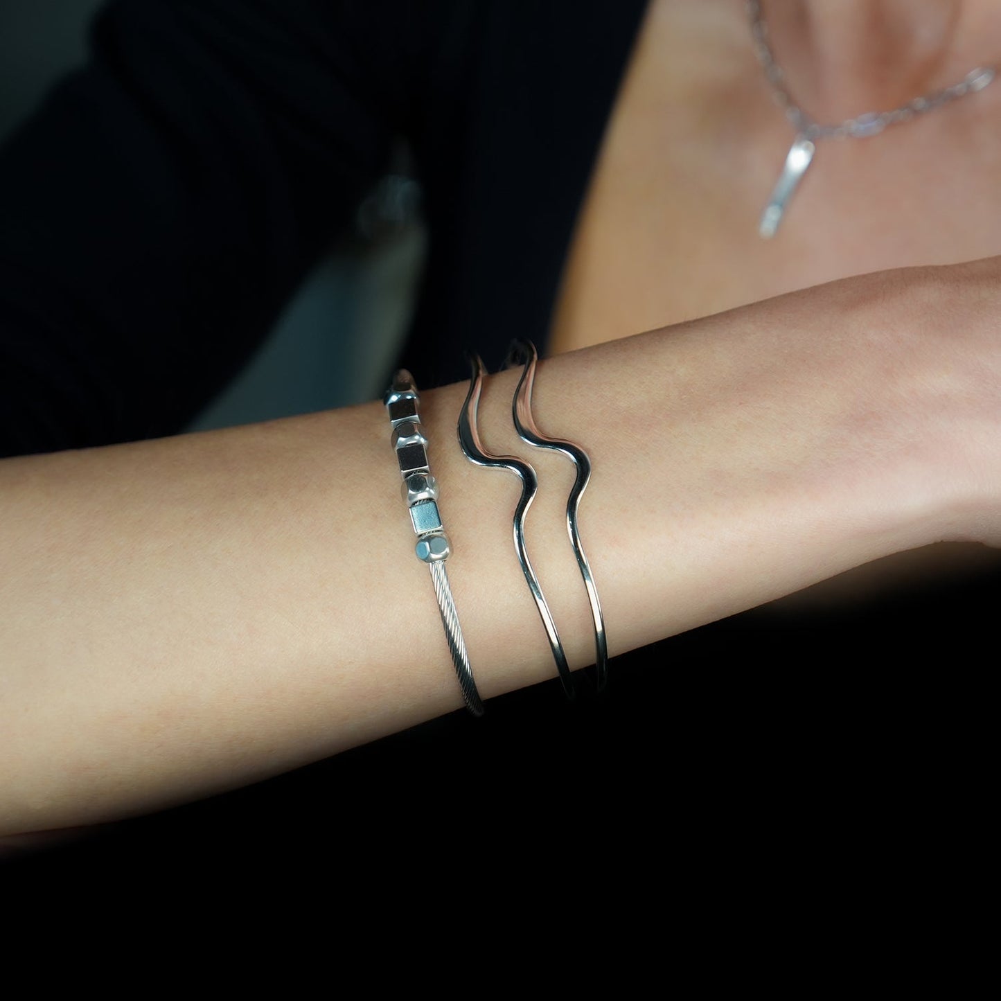 CHITRA: Industrial-Chic Bracelet with Abstract Shaped Parallel Bands in Silver Toned White Gold