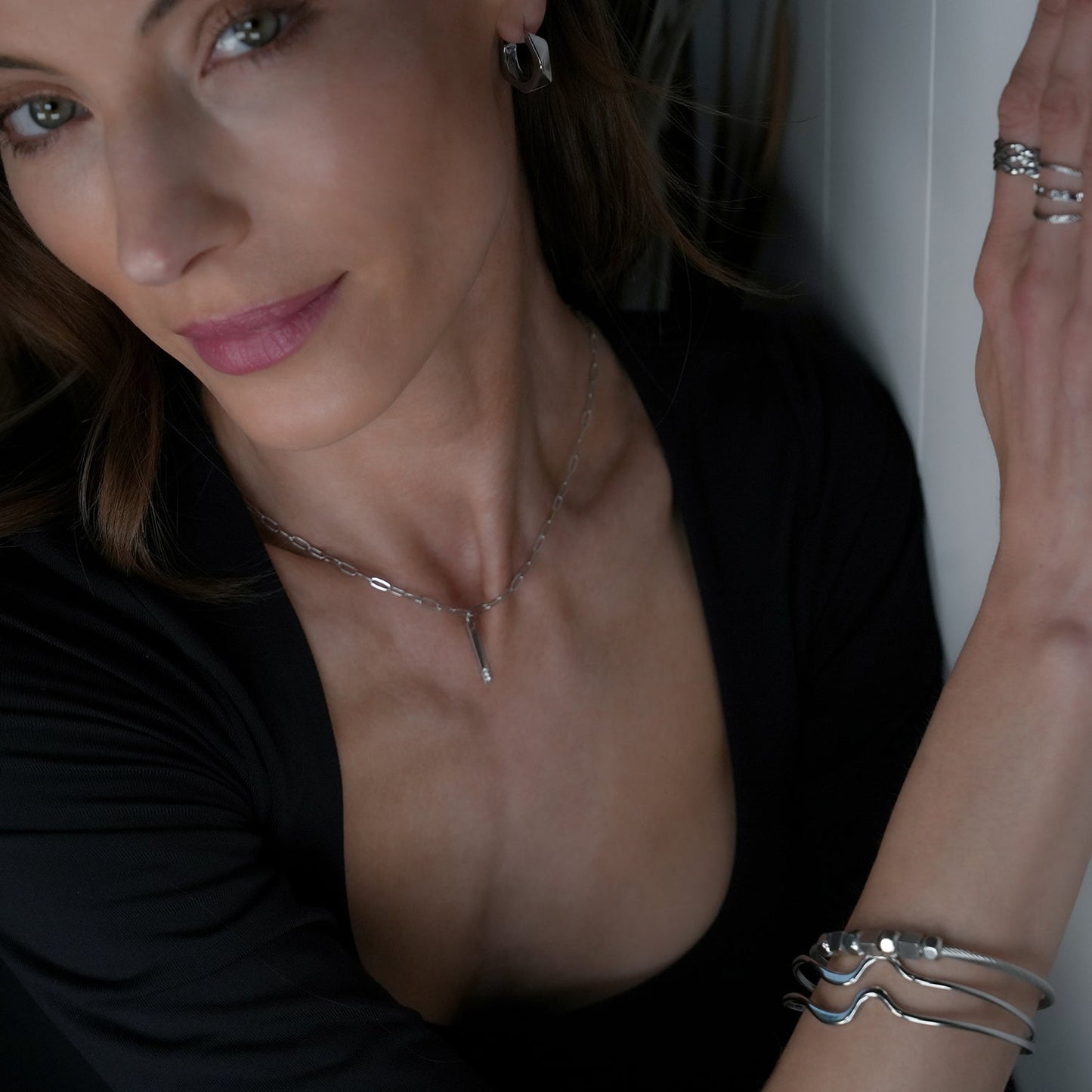 CHITRA: Industrial-Chic Bracelet with Abstract Shaped Parallel Bands in Silver Toned White Gold