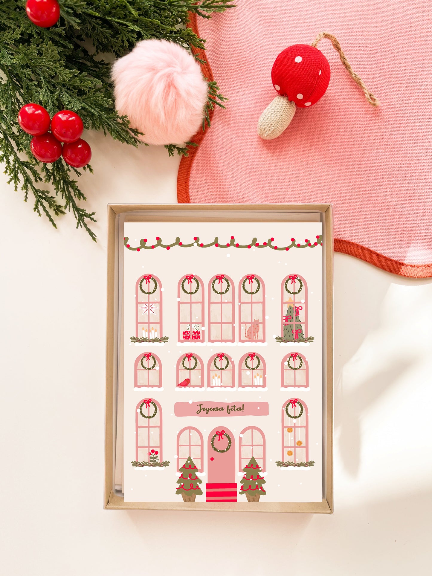 Coffret de 6 cartes de Noël pliées - Façade festive