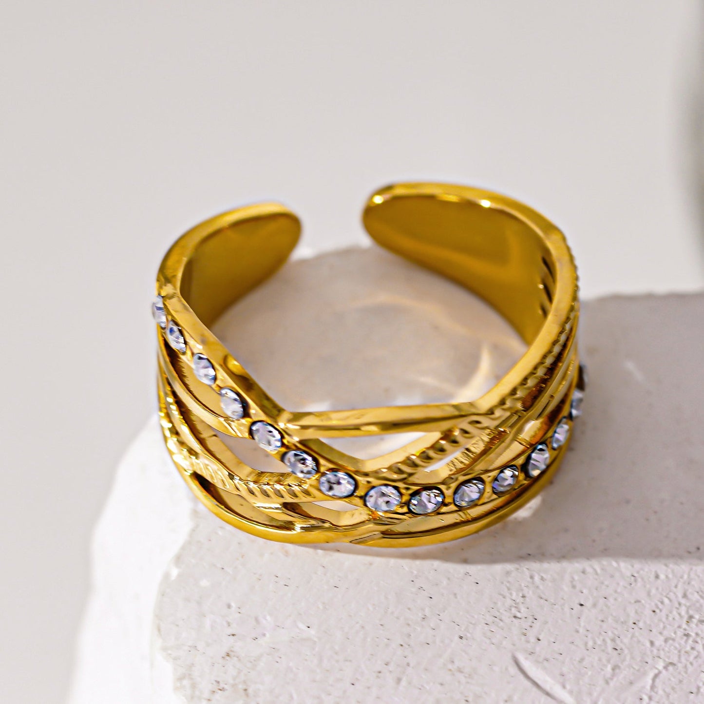 Style CORAZON: Cross Over Multi Stacked Zirconia Embedded Ring