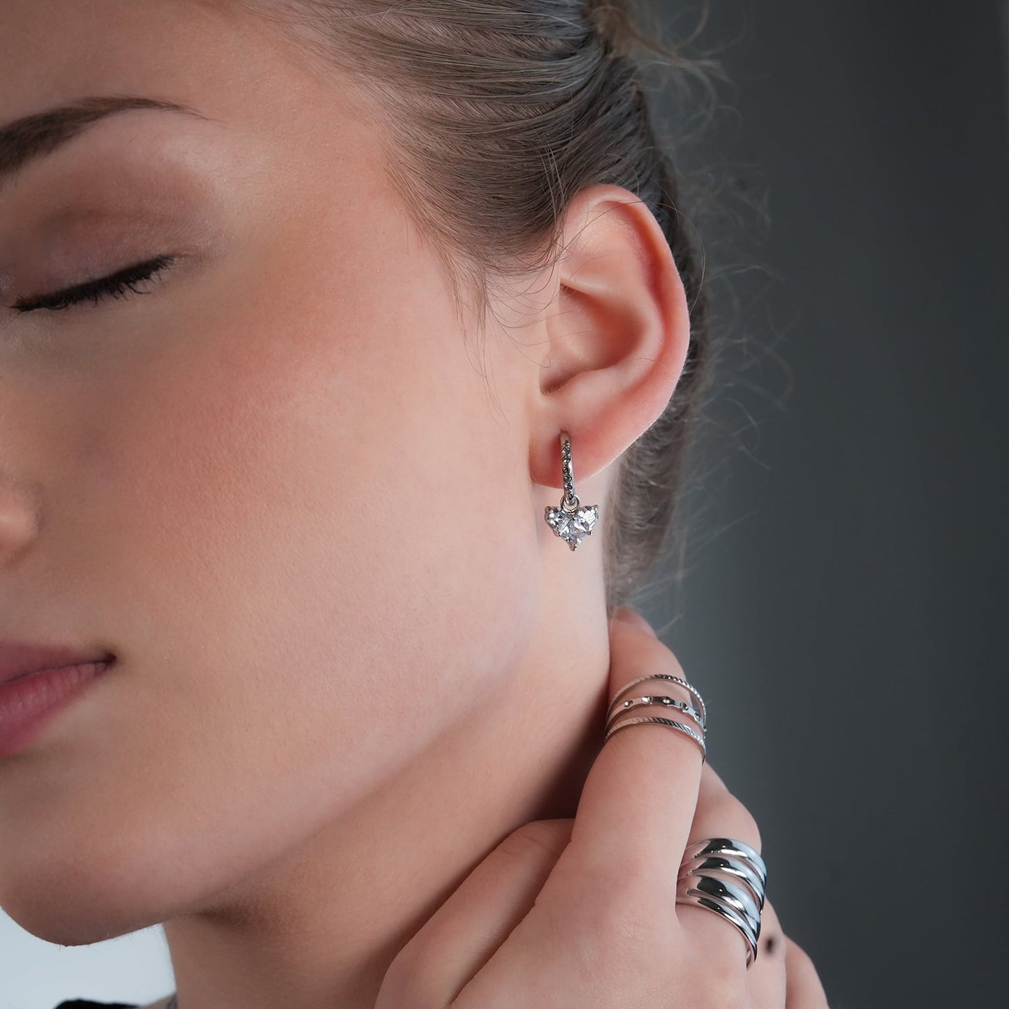 CREEDA White Gold (Silver Toned): Vintage Style Zirconia Embedded Hoops with Moissanite Heart Charm