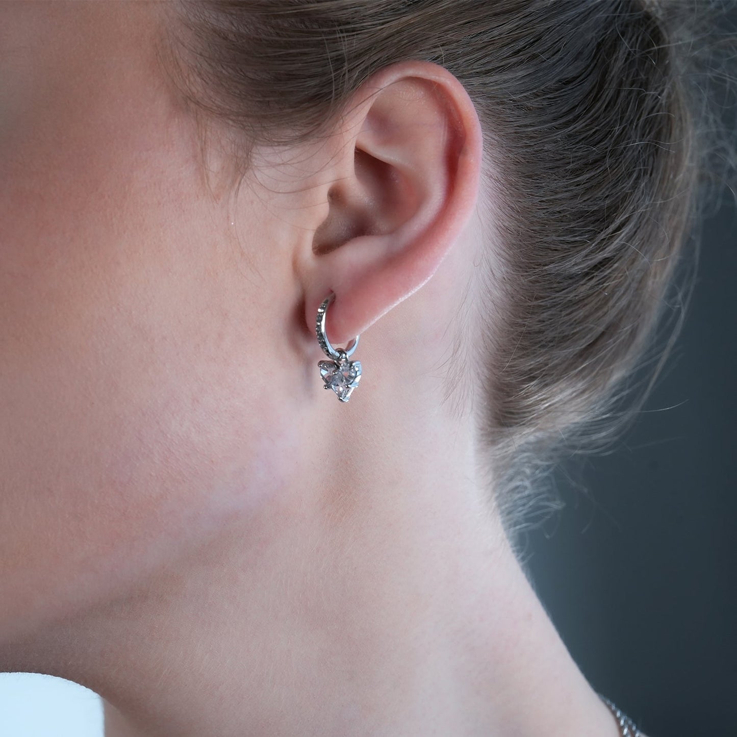 CREEDA White Gold (Silver Toned): Vintage Style Zirconia Embedded Hoops with Moissanite Heart Charm