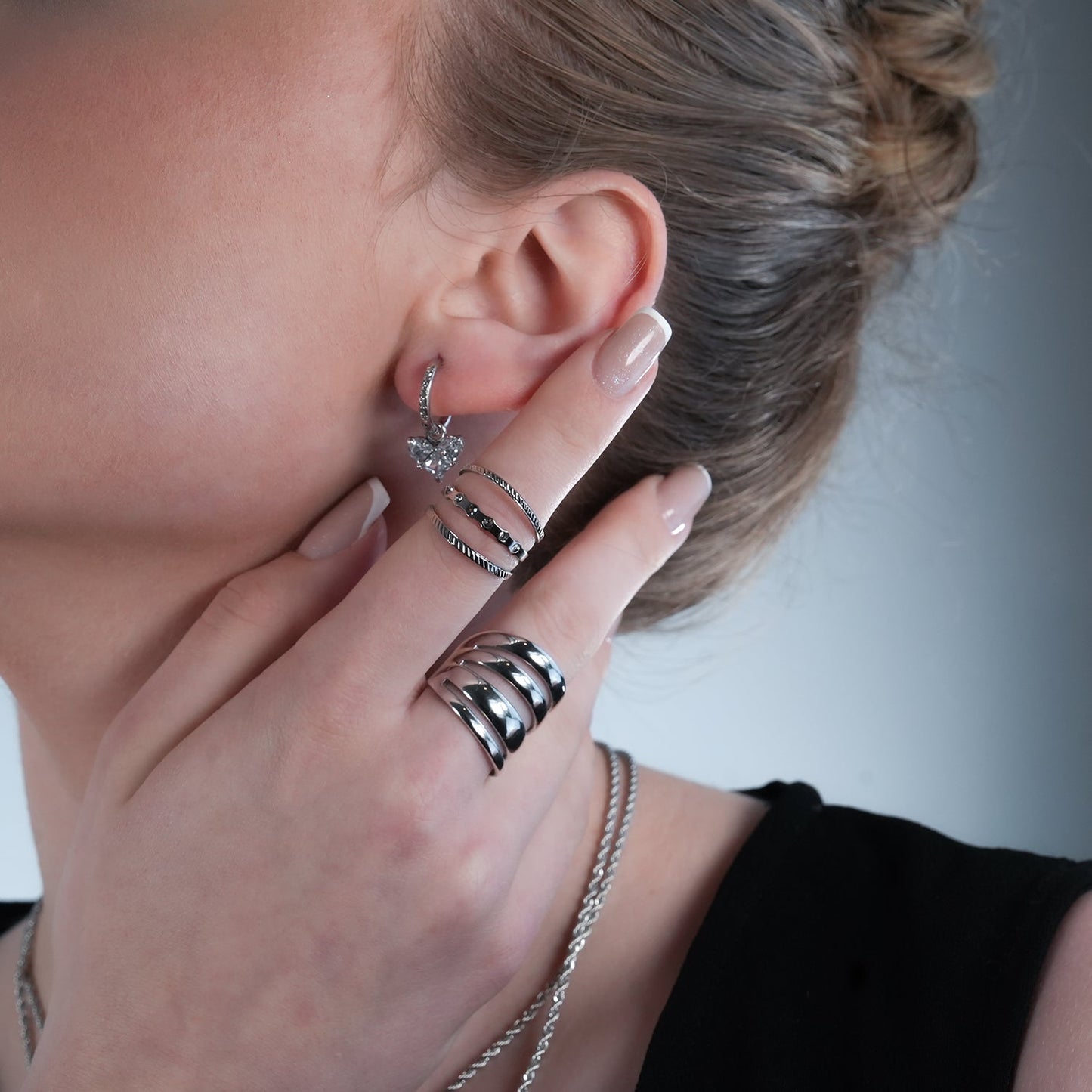 CREEDA White Gold (Silver Toned): Vintage Style Zirconia Embedded Hoops with Moissanite Heart Charm