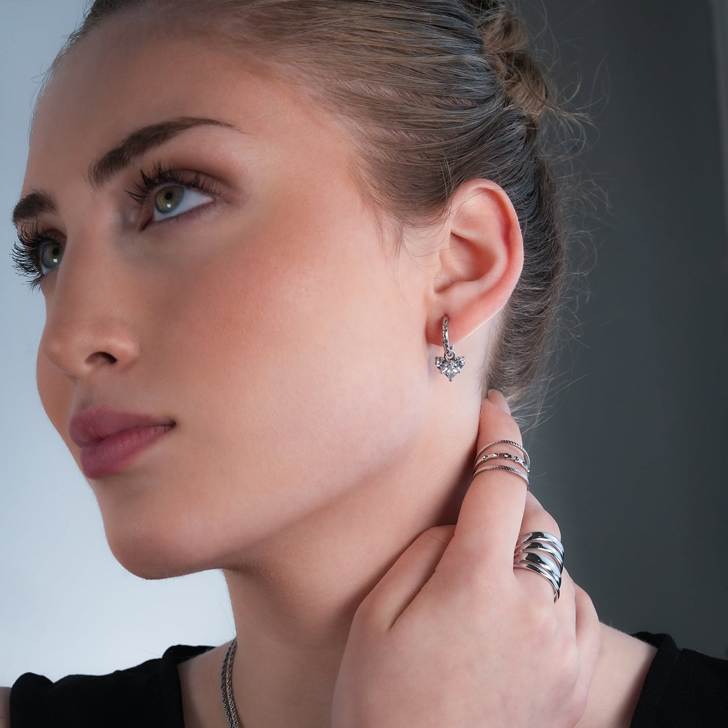 CREEDA White Gold (Silver Toned): Vintage Style Zirconia Embedded Hoops with Moissanite Heart Charm