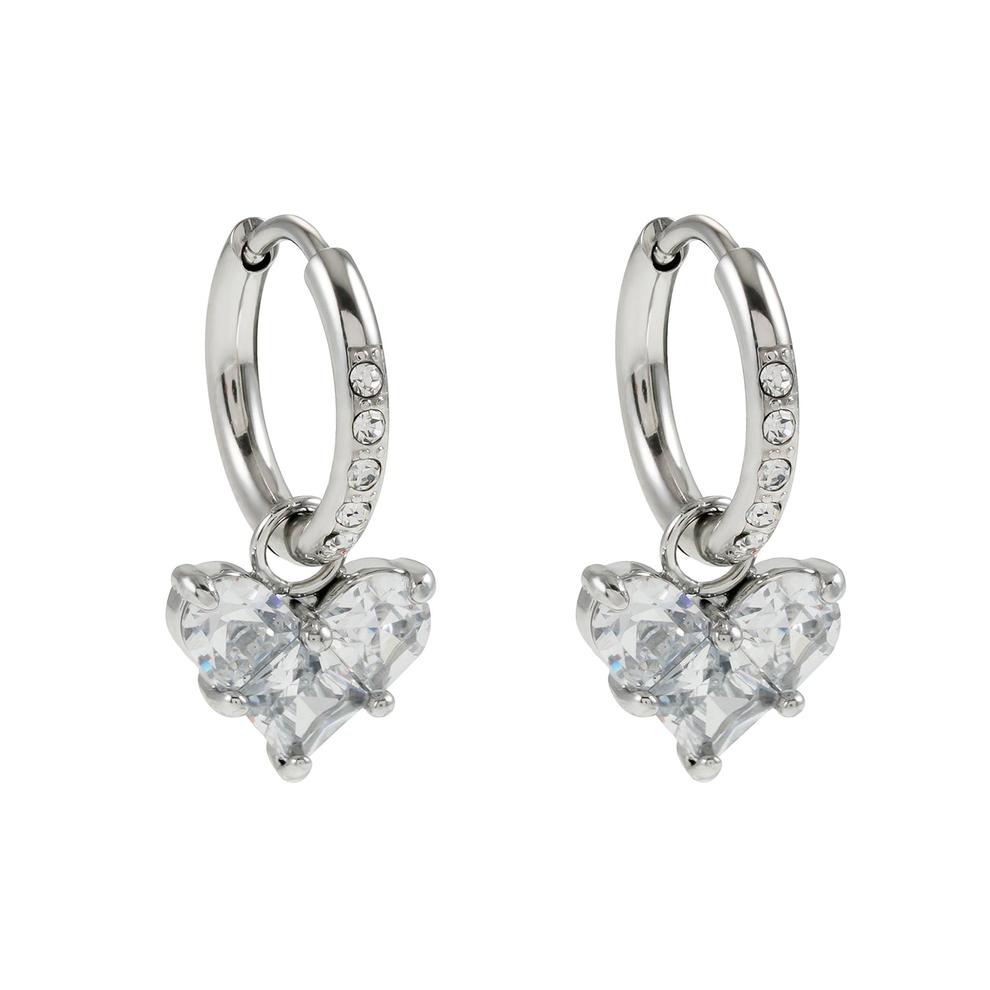 CREEDA White Gold (Silver Toned): Vintage Style Zirconia Embedded Hoops with Moissanite Heart Charm