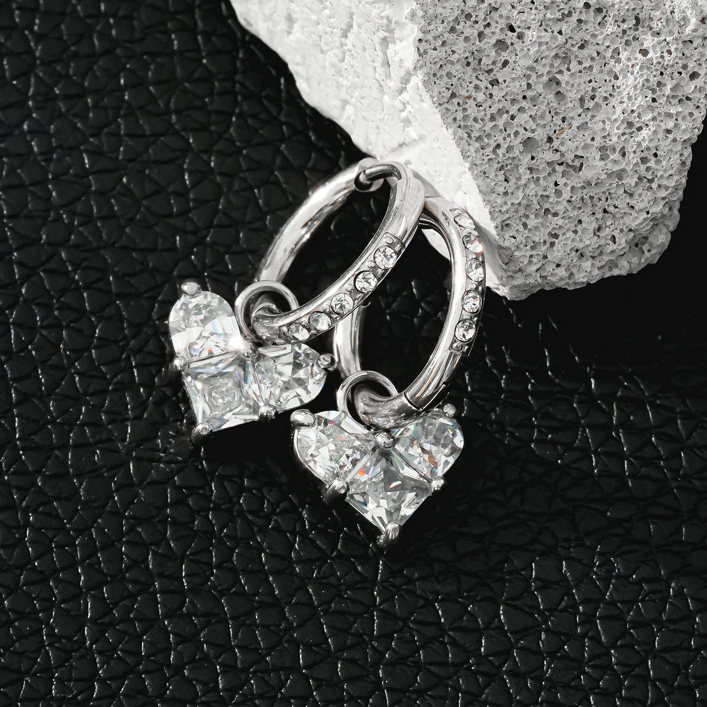 CREEDA White Gold (Silver Toned): Vintage Style Zirconia Embedded Hoops with Moissanite Heart Charm