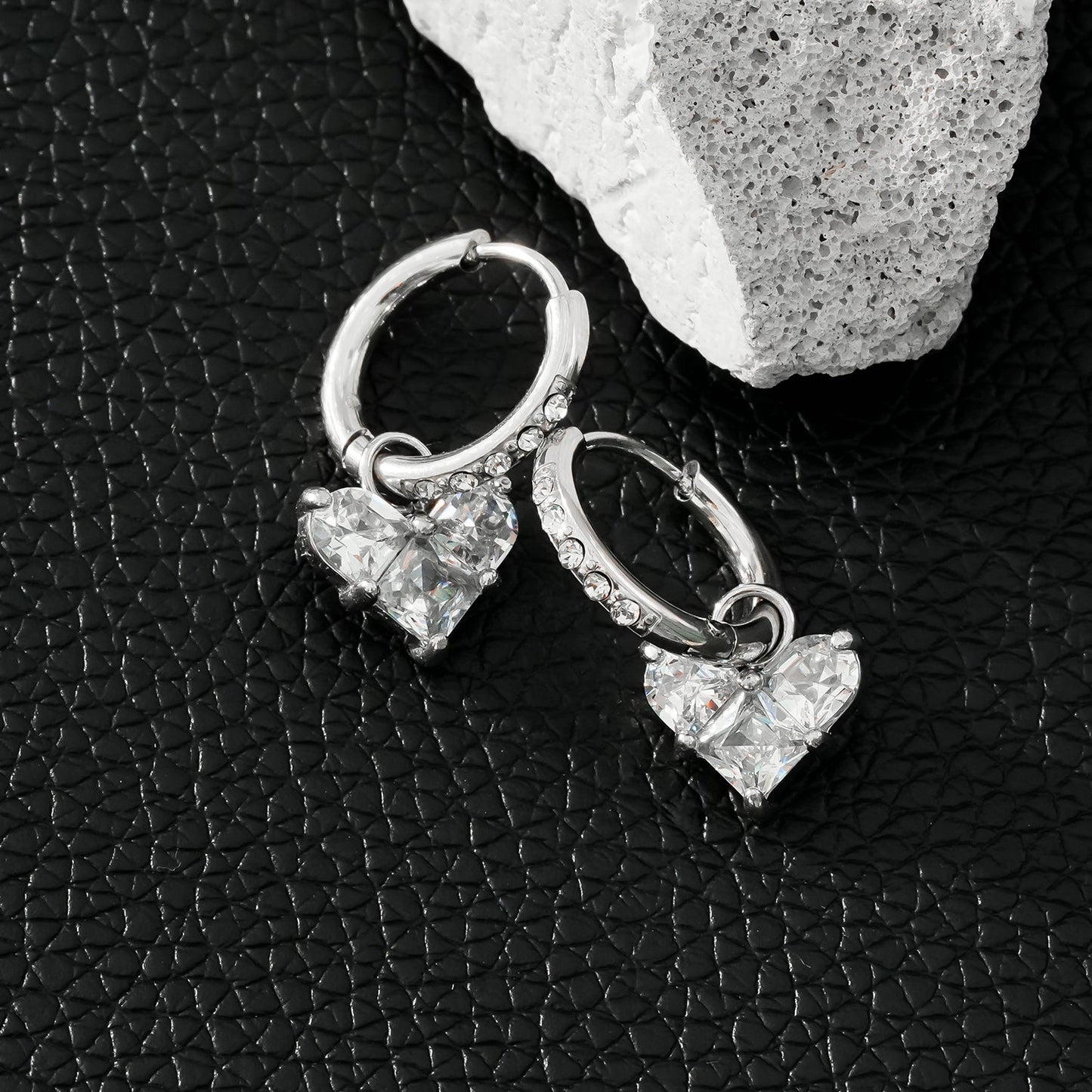CREEDA White Gold (Silver Toned): Vintage Style Zirconia Embedded Hoops with Moissanite Heart Charm