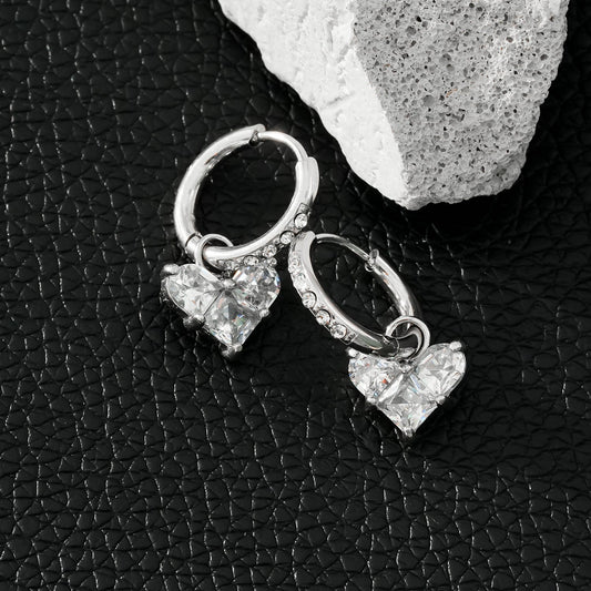 CREEDA White Gold (Silver Toned): Vintage Style Zirconia Embedded Hoops with Moissanite Heart Charm