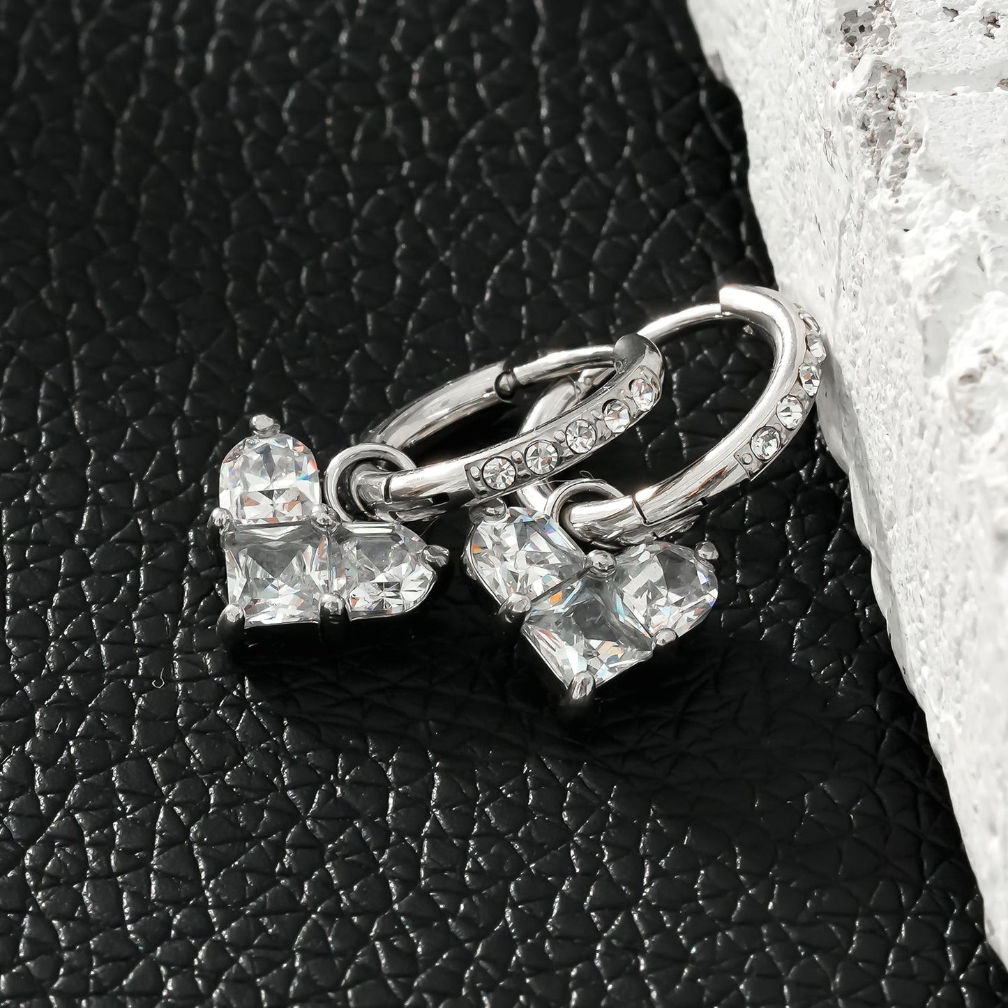 CREEDA White Gold (Silver Toned): Vintage Style Zirconia Embedded Hoops with Moissanite Heart Charm