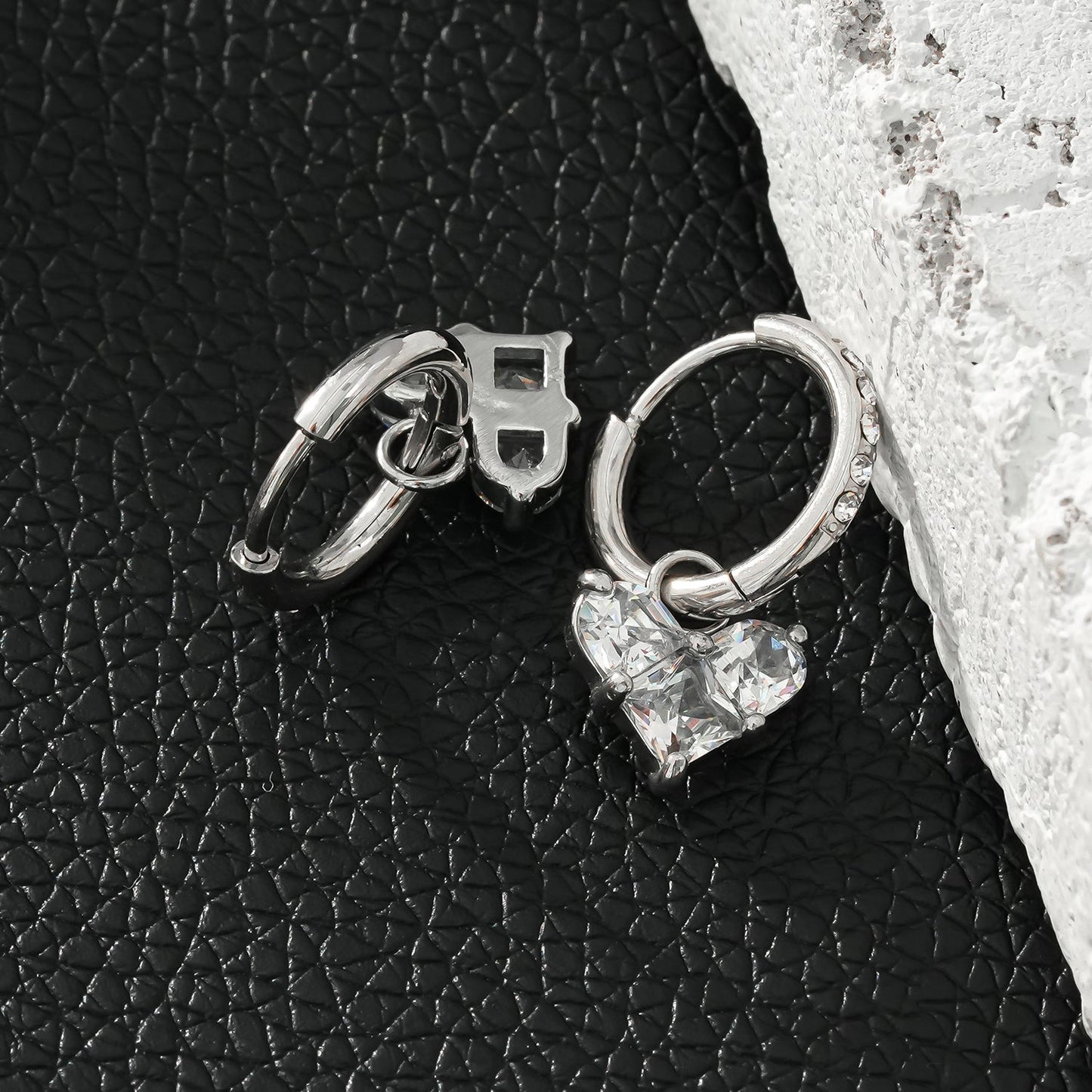 CREEDA White Gold (Silver Toned): Vintage Style Zirconia Embedded Hoops with Moissanite Heart Charm