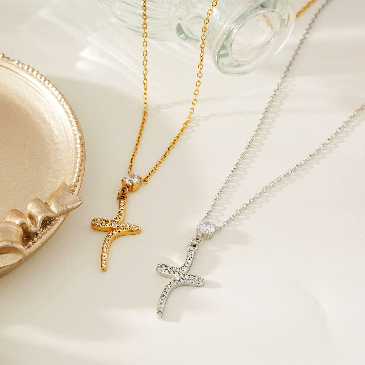 CRISTO Silver (White Gold): Dainty Chain Necklace with a Zirconia Embedded Abstract Textured Cross Pendent