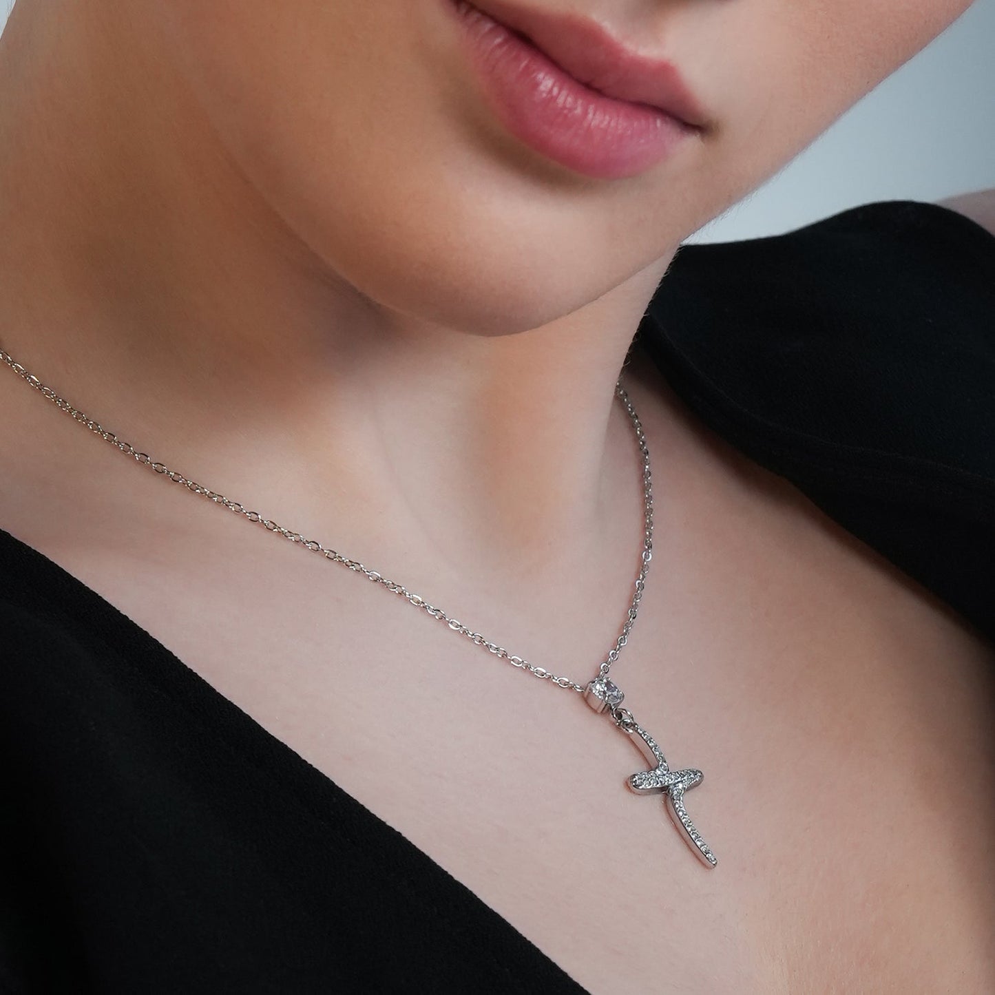 CRISTO Silver (White Gold): Dainty Chain Necklace with a Zirconia Embedded Abstract Textured Cross Pendent