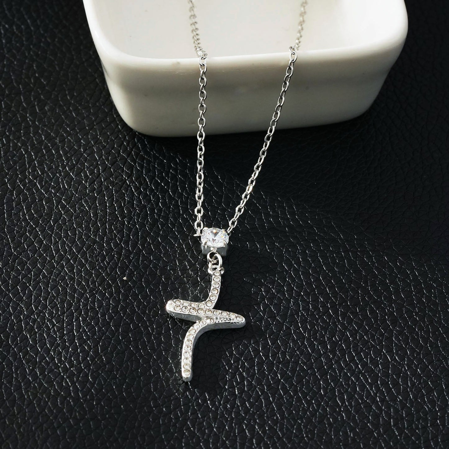 CRISTO Silver (White Gold): Dainty Chain Necklace with a Zirconia Embedded Abstract Textured Cross Pendent