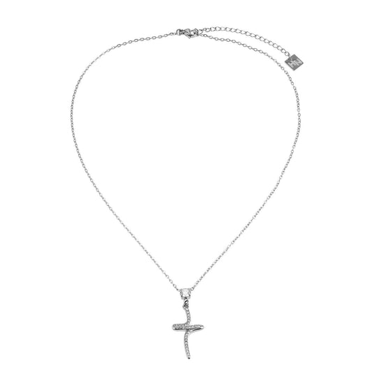 CRISTO Silver (White Gold): Dainty Chain Necklace with a Zirconia Embedded Abstract Textured Cross Pendent