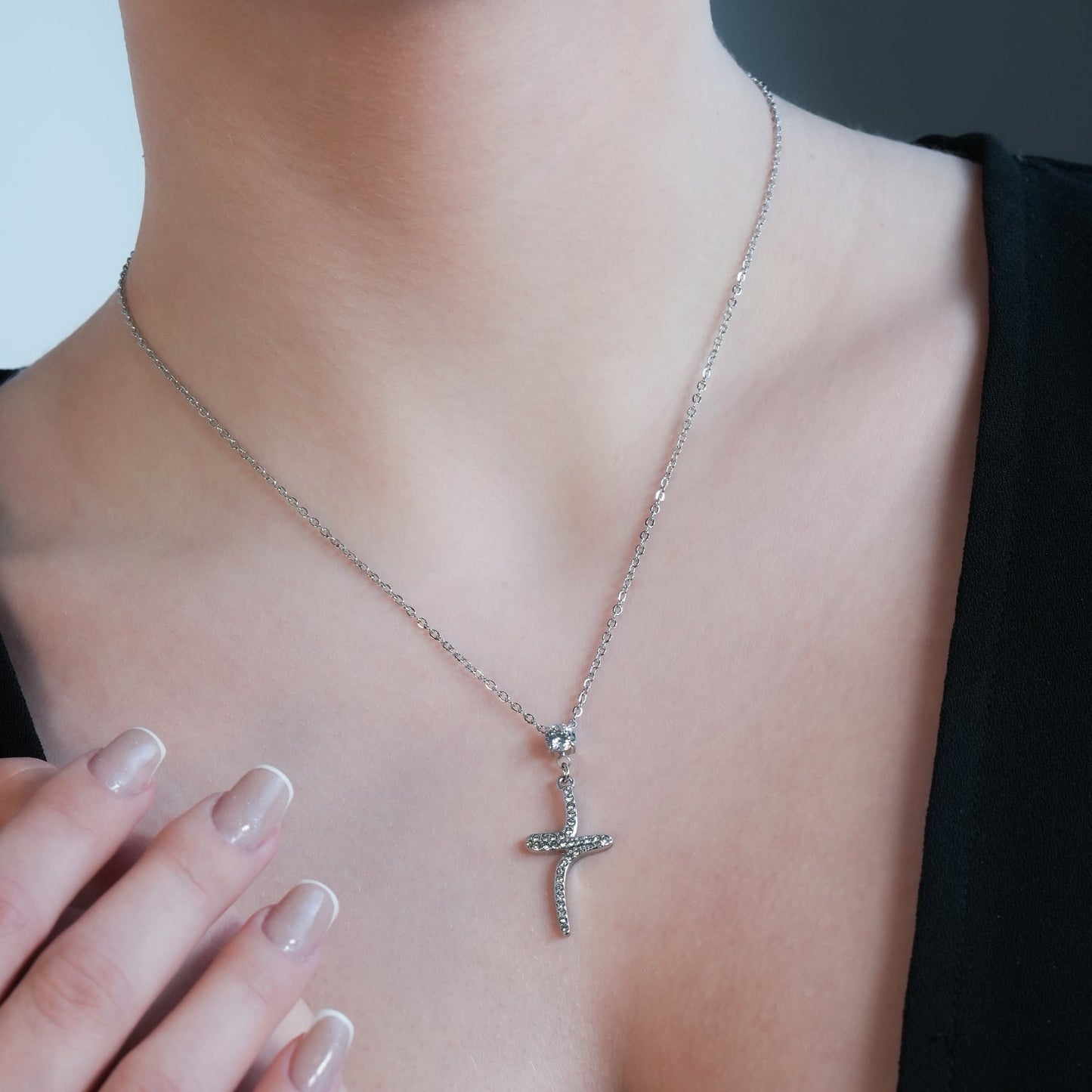 CRISTO Silver (White Gold): Dainty Chain Necklace with a Zirconia Embedded Abstract Textured Cross Pendent