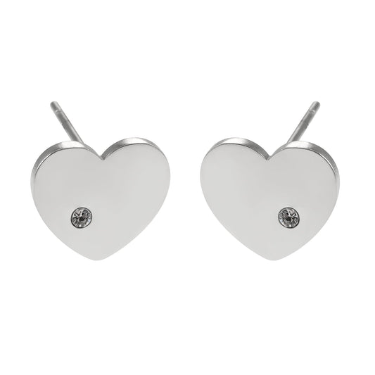 CUORE: Silver Toned White Gold Heart Shaped Solitaire Zirconia (CZ) Stud Earrings