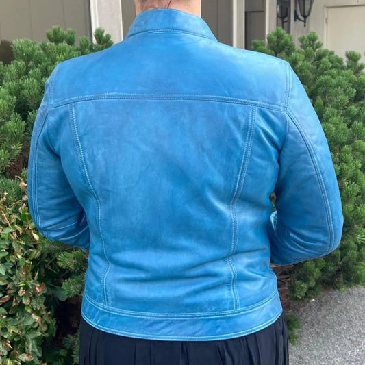 Classic Women's Lamb Leather Jacket with Snap Collar