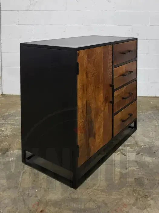 Commode en bois de manguier et structure d'acier noir