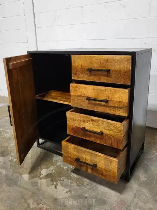 Commode en bois de manguier et structure d'acier noir