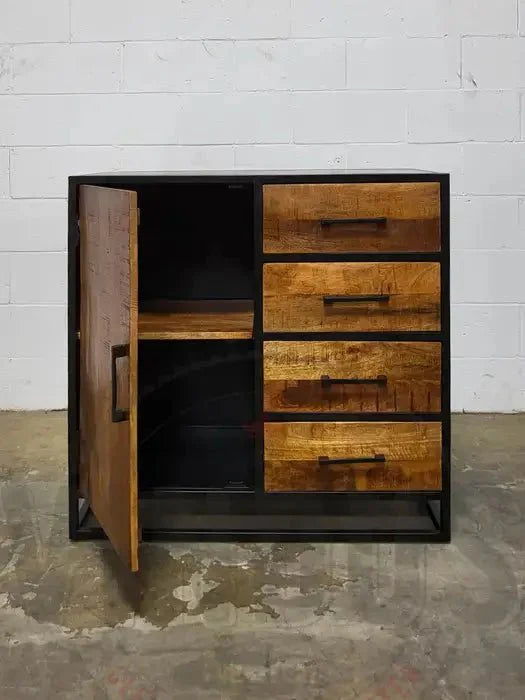 Commode en bois de manguier et structure d'acier noir
