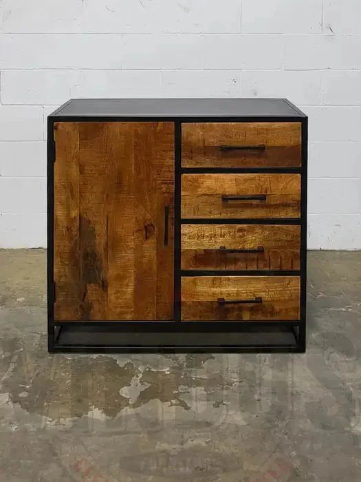 Commode en bois de manguier et structure d'acier noir