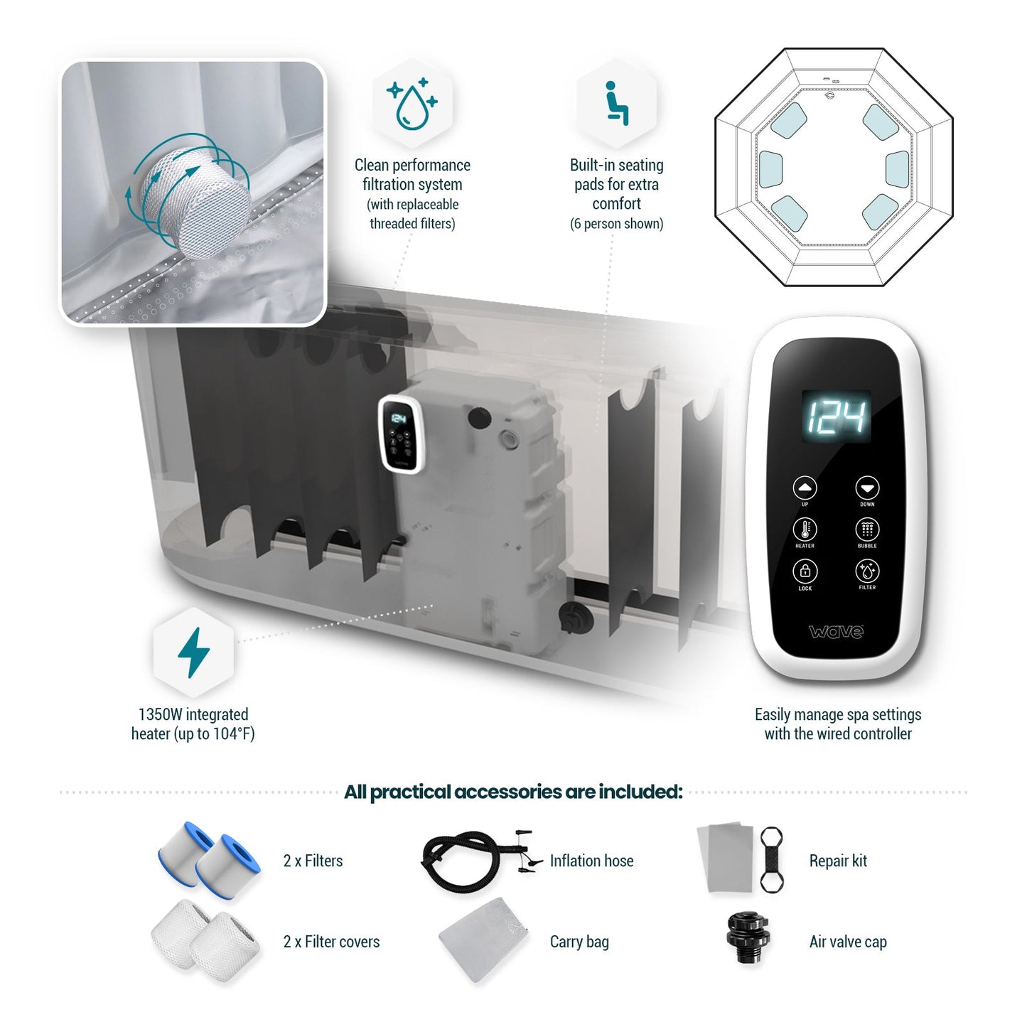 Wave | Aegean | 6-Person Inflatable Hot Tub | Octagon | Integrated Heater