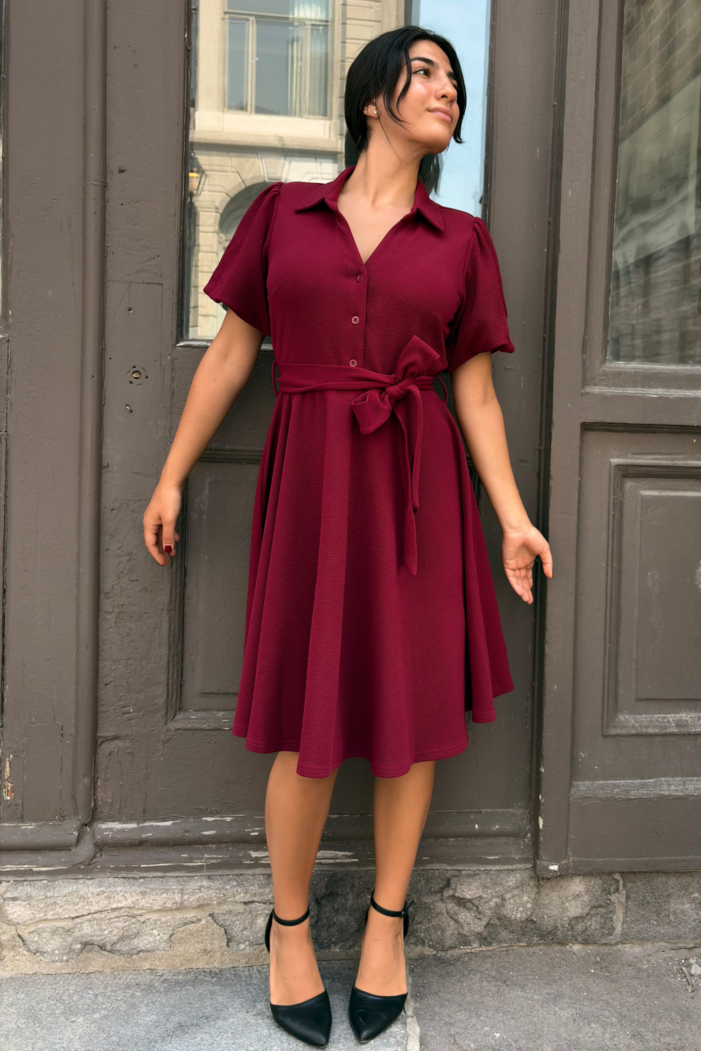 Coralie Tie-Waist Fit-and-Flare Dress with Bell Sleeves