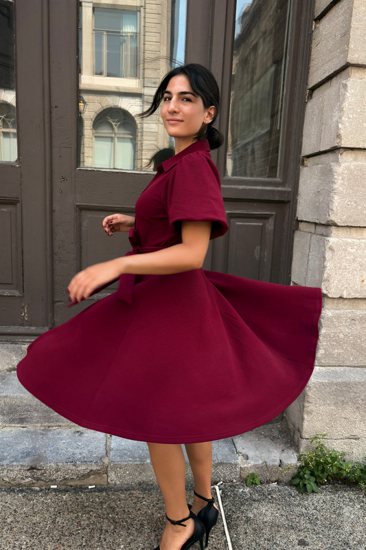 Coralie Tie-Waist Fit-and-Flare Dress with Bell Sleeves