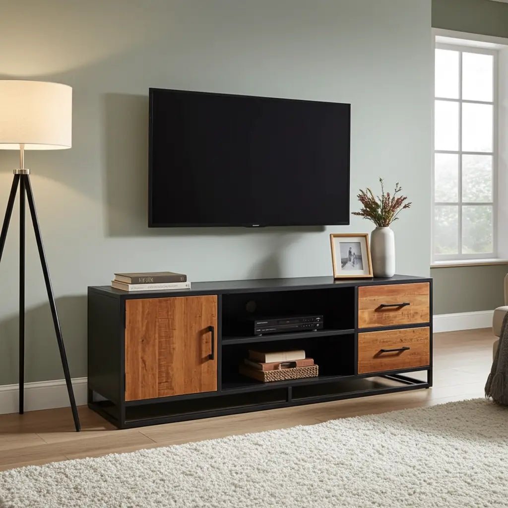 Meuble télé en bois de manguier et structure d'acier noir