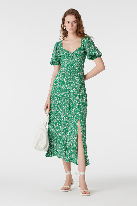Green Puff Sleeve Floral Midi Dress with Side Slit – Summer Day Dress