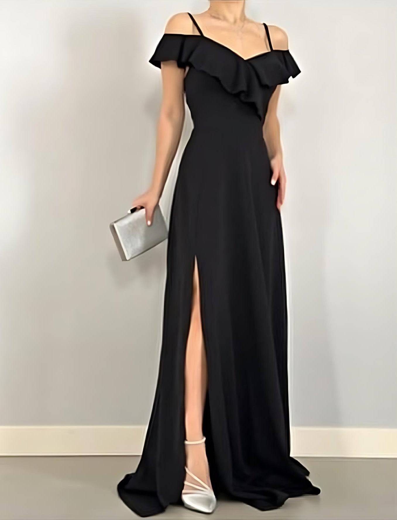 Off-Shoulder Maxi Dress with Spaghetti Straps and Long Slit - Black