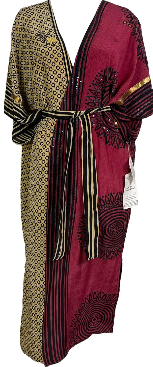 PRC6759 Avatar Long Pure Silk Kimono Sleeved Duster with Belt