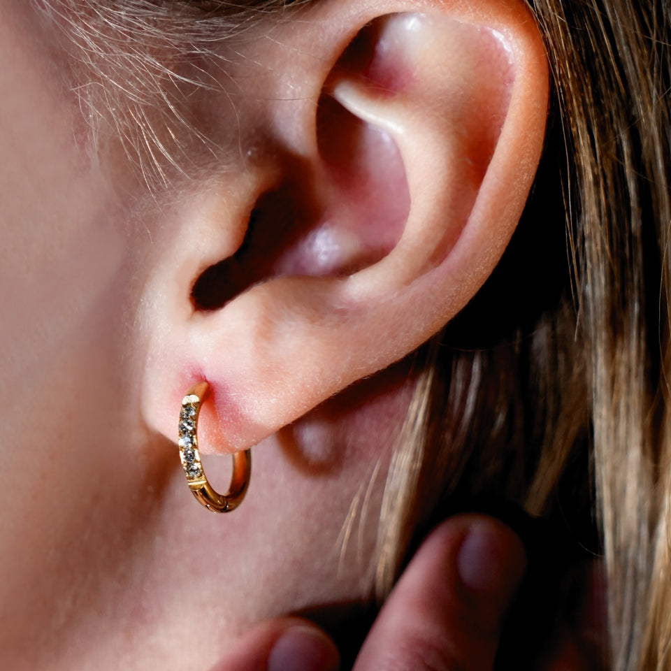 DARCI: Pavé Zirconia Gemstone Embedded Classic Mini Hoop in Gold