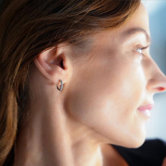 DARCI: Pavé Zirconia Gemstone Embedded Classic Mini Hoop in Silver