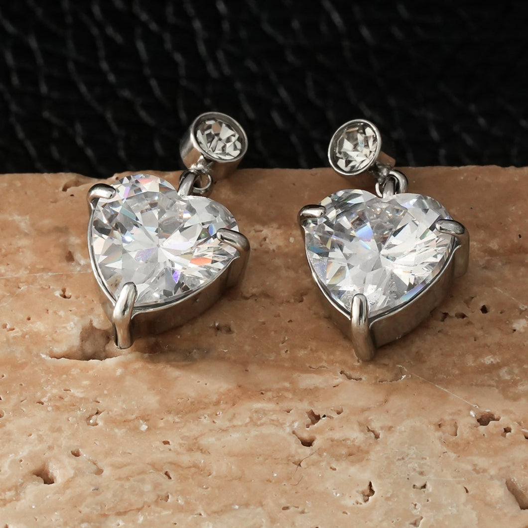 DAROCCA Silver (White Gold): Large Heart Shaped & Mini Solitaire Round Shaped Zirconia Combo Studs